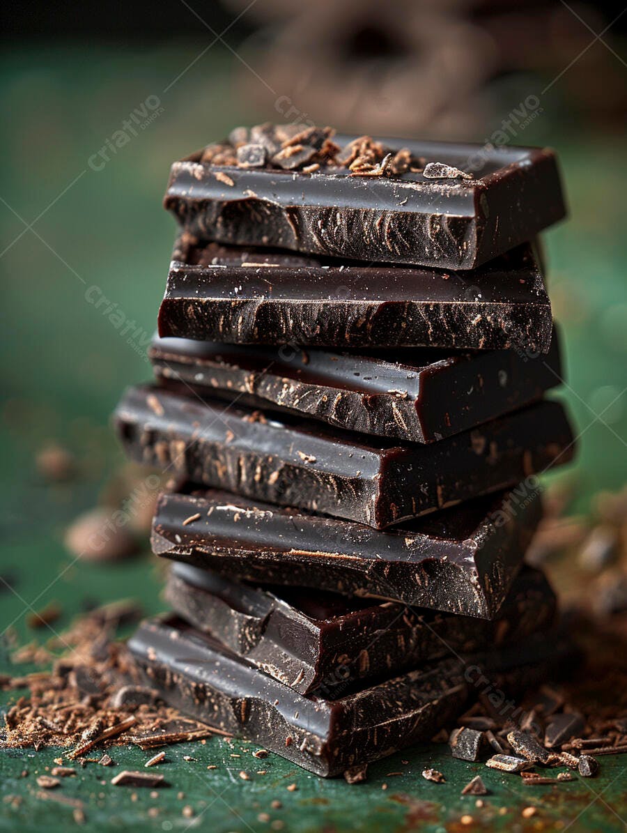 Chocolate amargo empilhado com raspas em fundo verde escuro