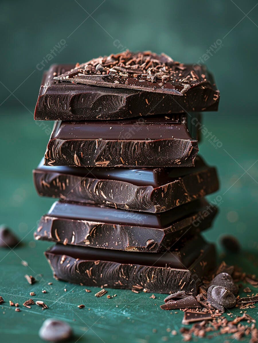 Pilha de chocolate amargo com lascas sobre fundo verde escuro
