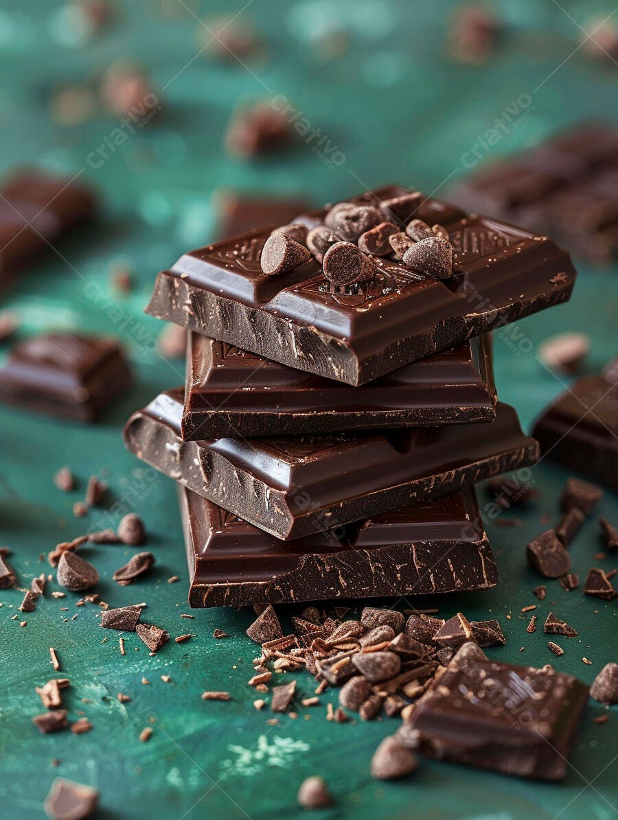 Barras de chocolate escuro com gotas e raspas em fundo verde vibrante