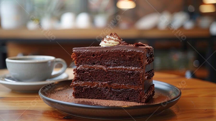 Fatia de bolo de chocolate com café em mesa de cafeteria