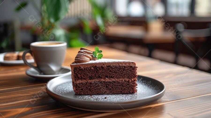 Bolo de chocolate fatia com café em mesa de madeira escura