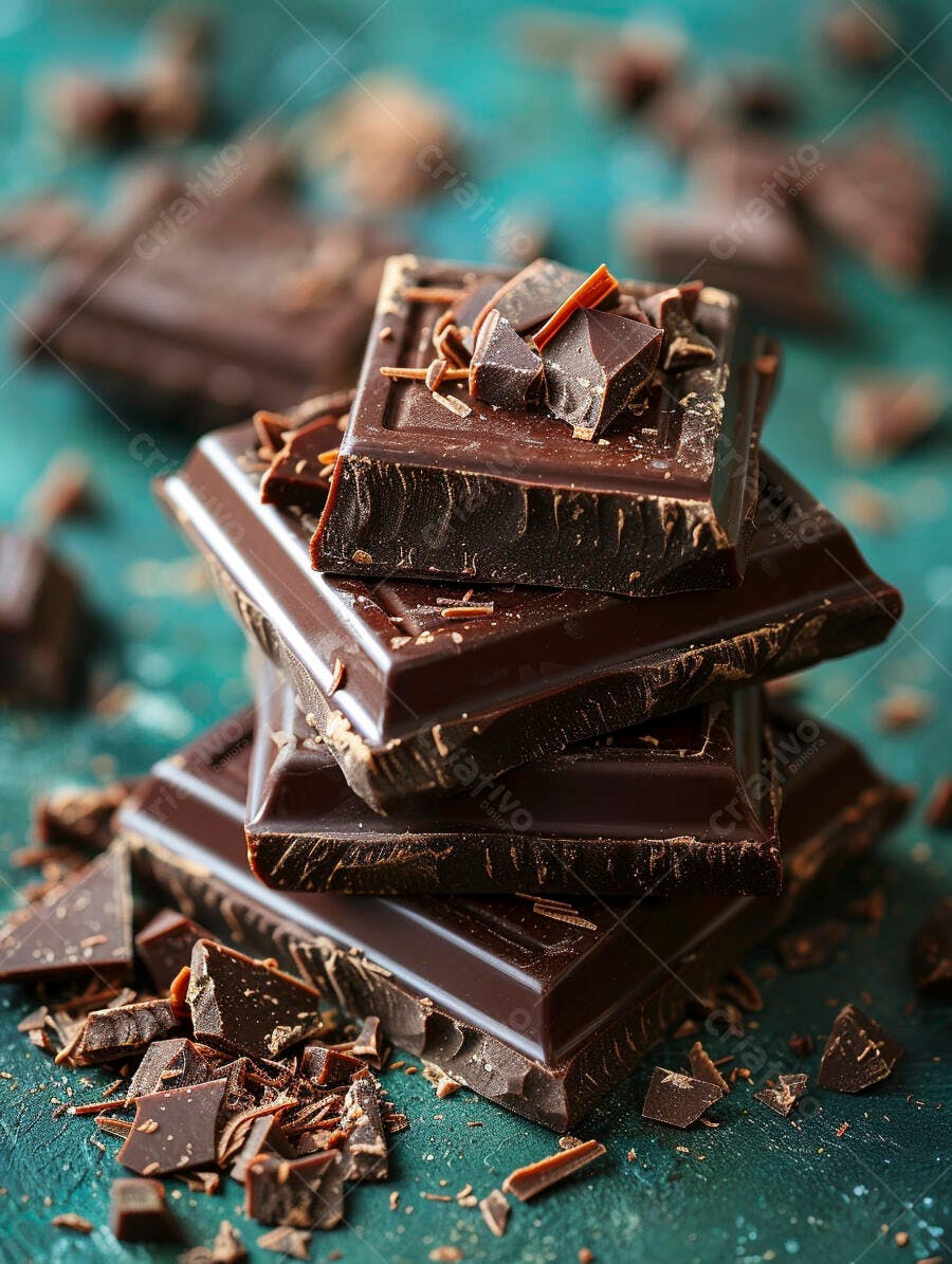 Chocolate escuro empilhado com pedaços espalhados em fundo verde texturizado