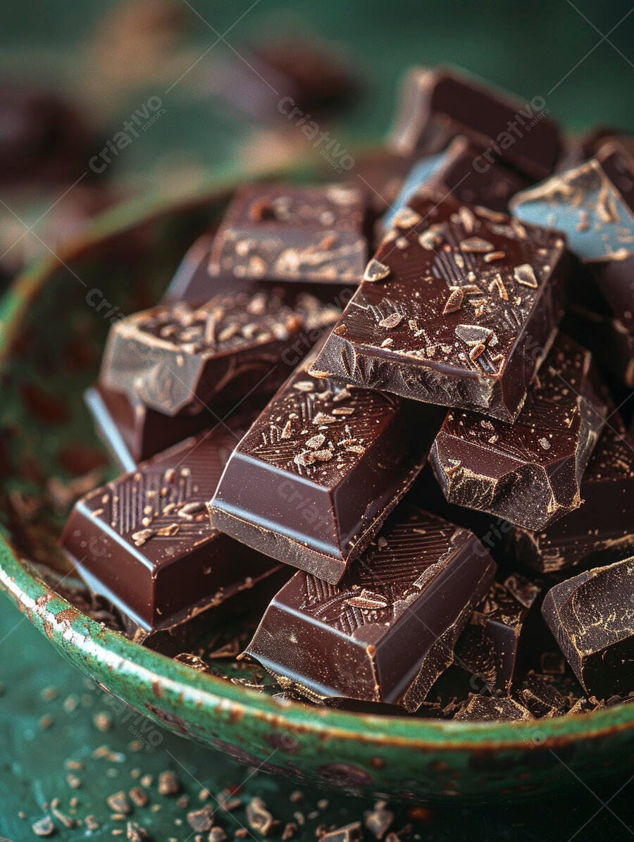 Barras de chocolate amargo em tigela rústica verde escura com pedaços crocantes