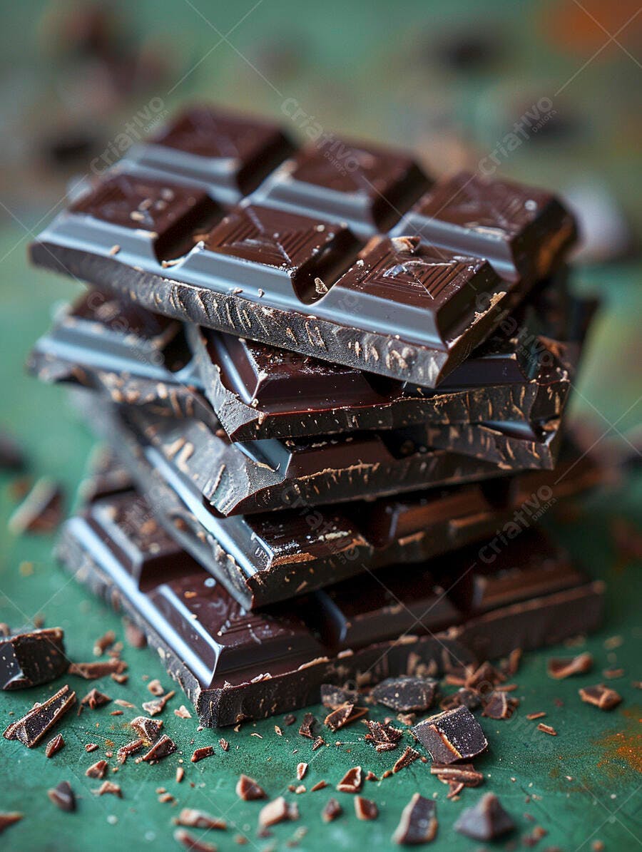 Pilha de chocolate amargo quadrado em fundo verde com raspas