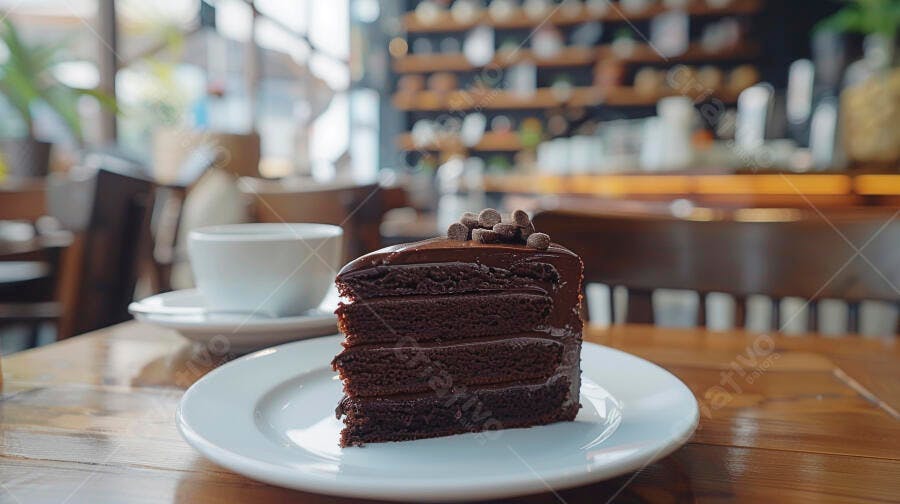 Fatia de bolo de chocolate escuro com gotas e café em cafeteria