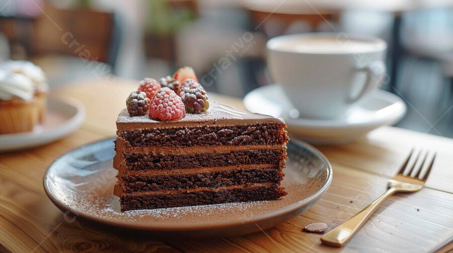 Fatia de bolo de chocolate com frutas vermelhas e café em cafeteria