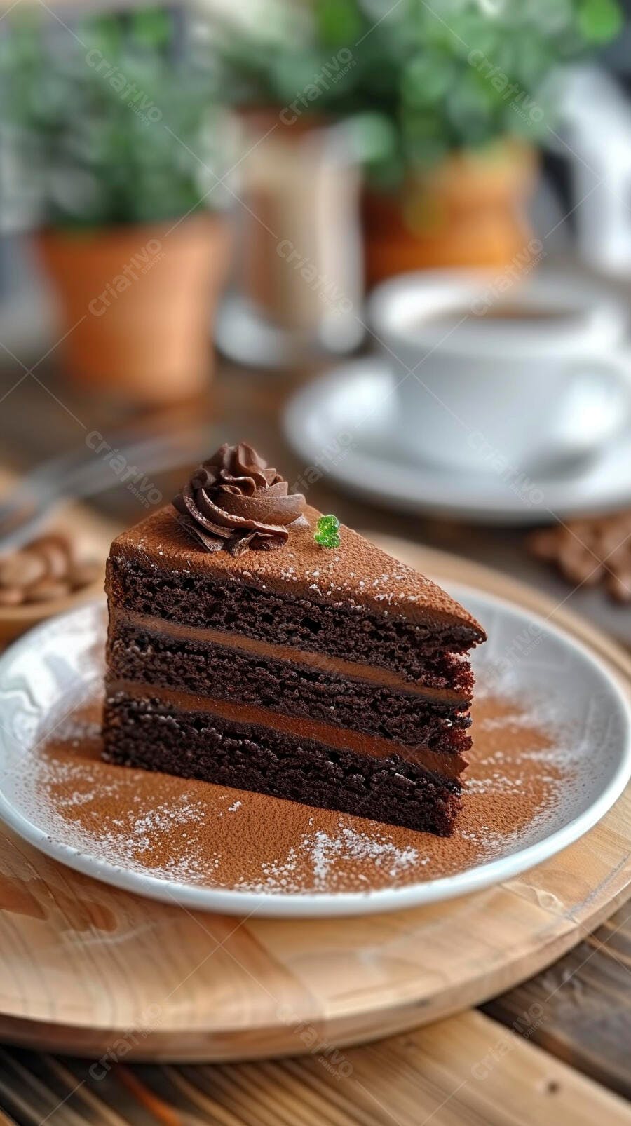 Fatia de bolo de chocolate com café em mesa de madeira