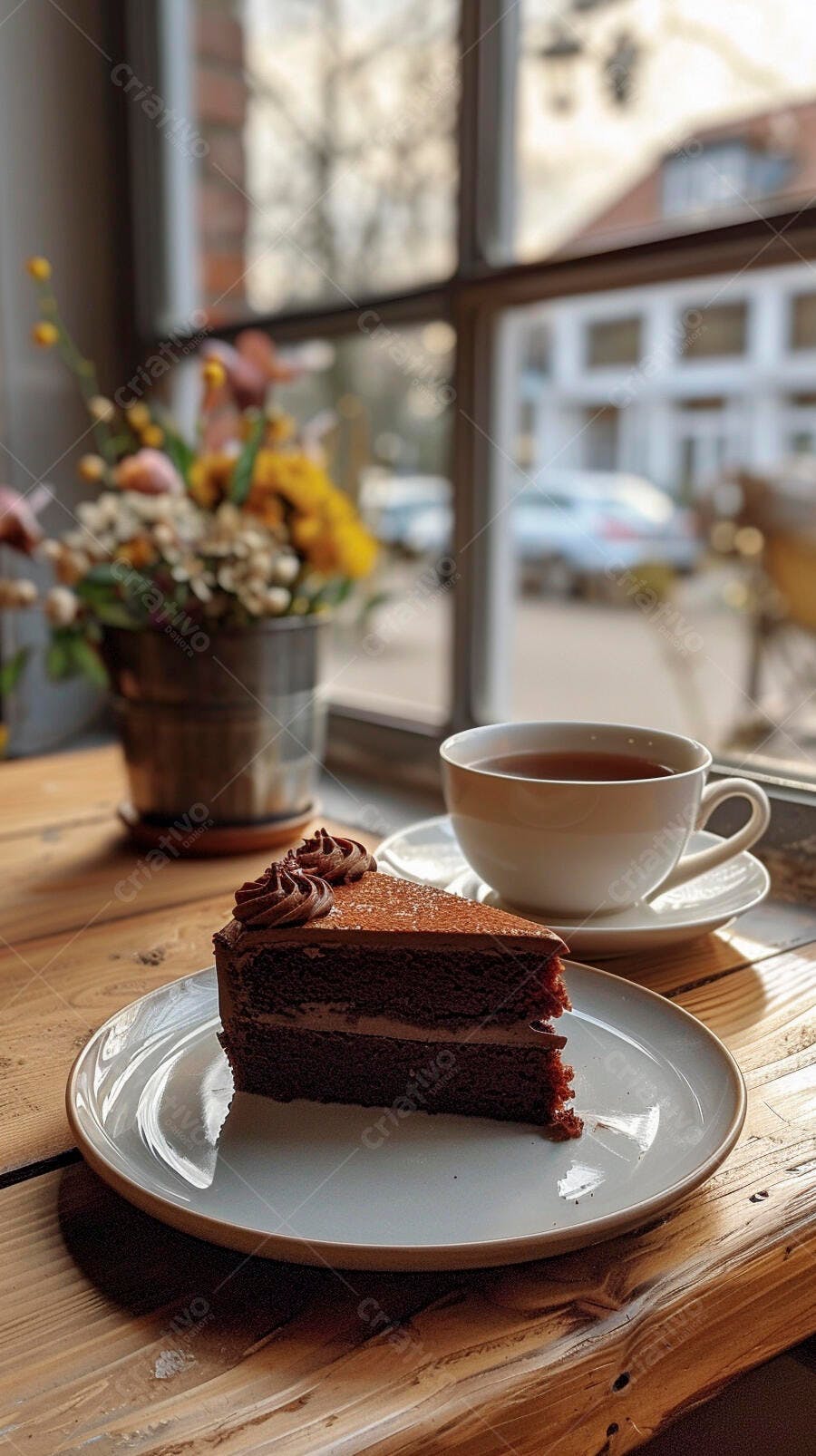 Bolo de chocolate e chá na mesa de madeira em um café aconchegante
