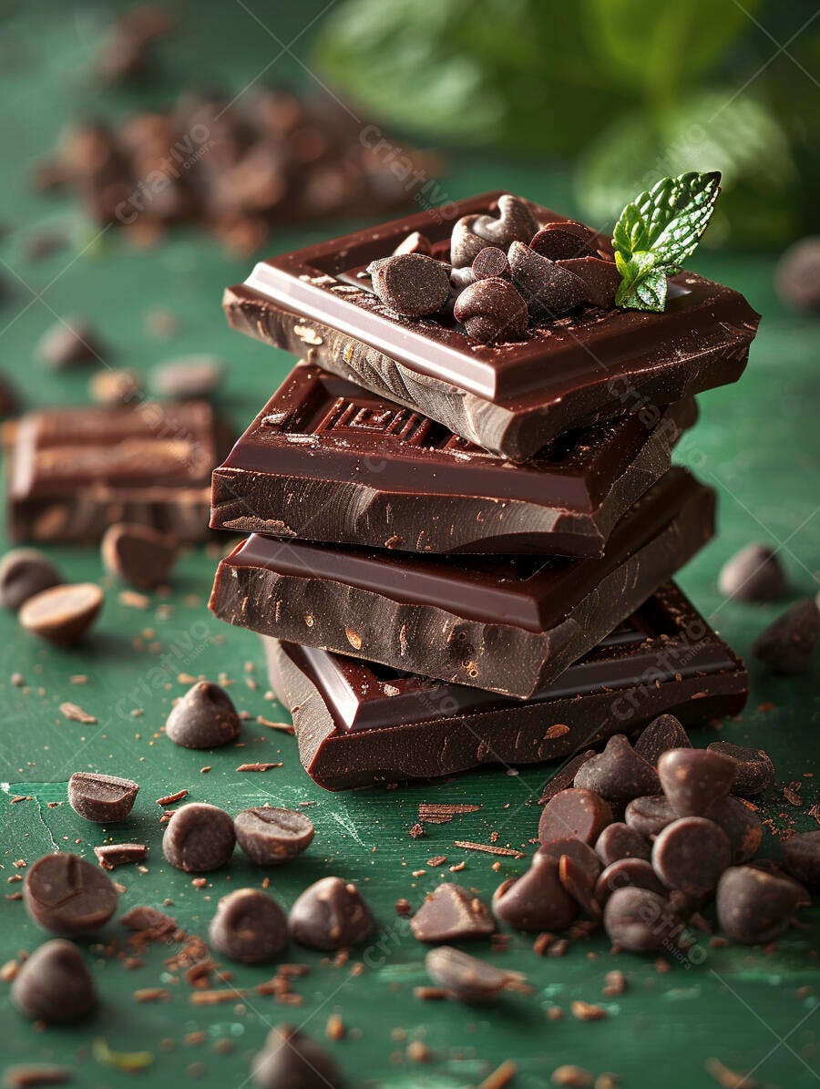 Chocolate amargo empilhado com gotas e folha de hortelã em fundo verde rústico