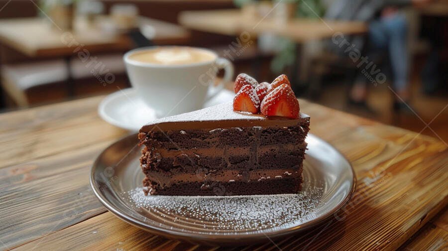 Bolo de chocolate com morangos e açúcar em cafeteria aconchegante
