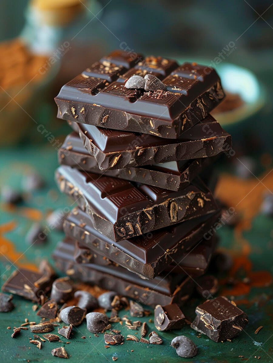 Chocolate escuro em barra com nibs empilhado em fundo verde