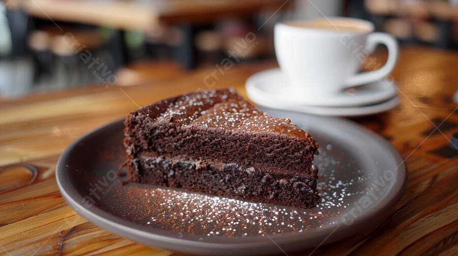 Bolo de chocolate com açúcar polvilhado e café em mesa de madeira