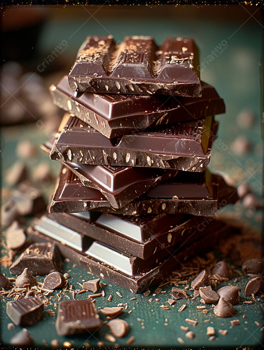 Barras de chocolate escuro empilhadas com lascas e raspas sobre fundo verde