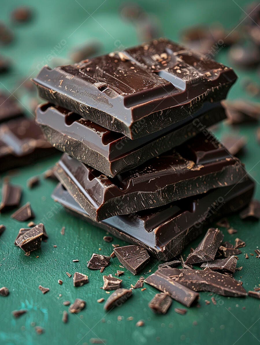 Barras de chocolate escuro empilhadas sobre fundo verde texturizado