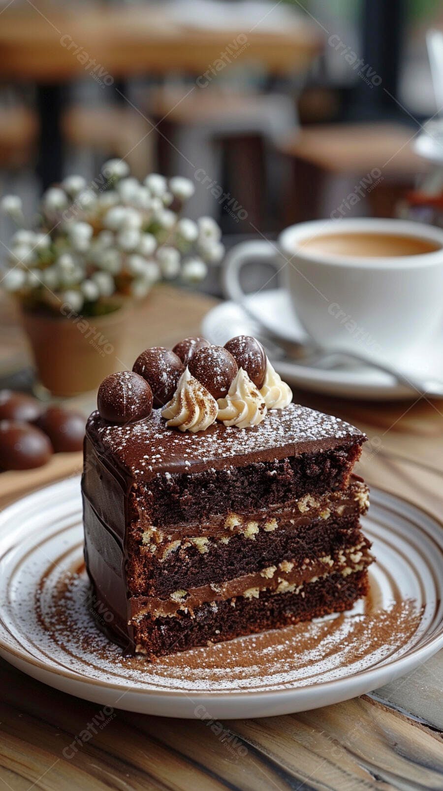 Bolo de chocolate fatiado com trufas e café em mesa de madeira