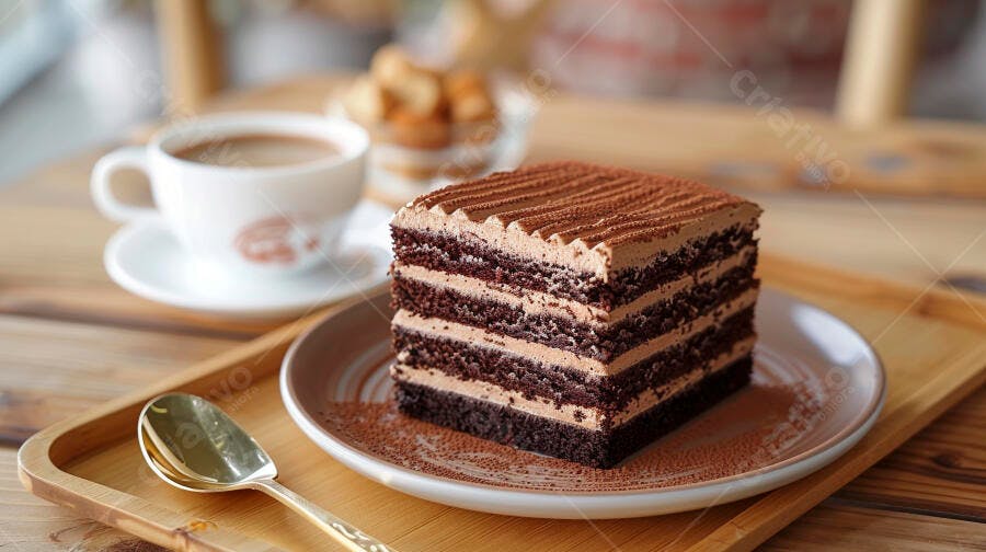 Bolo de chocolate em camadas com café em mesa de madeira rústica