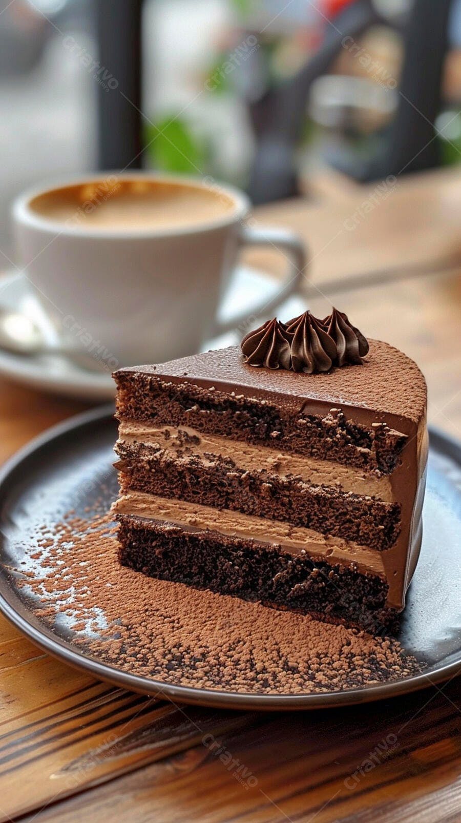 Fatia de bolo de chocolate escuro multicamadas com calda e café em mesa de madeira