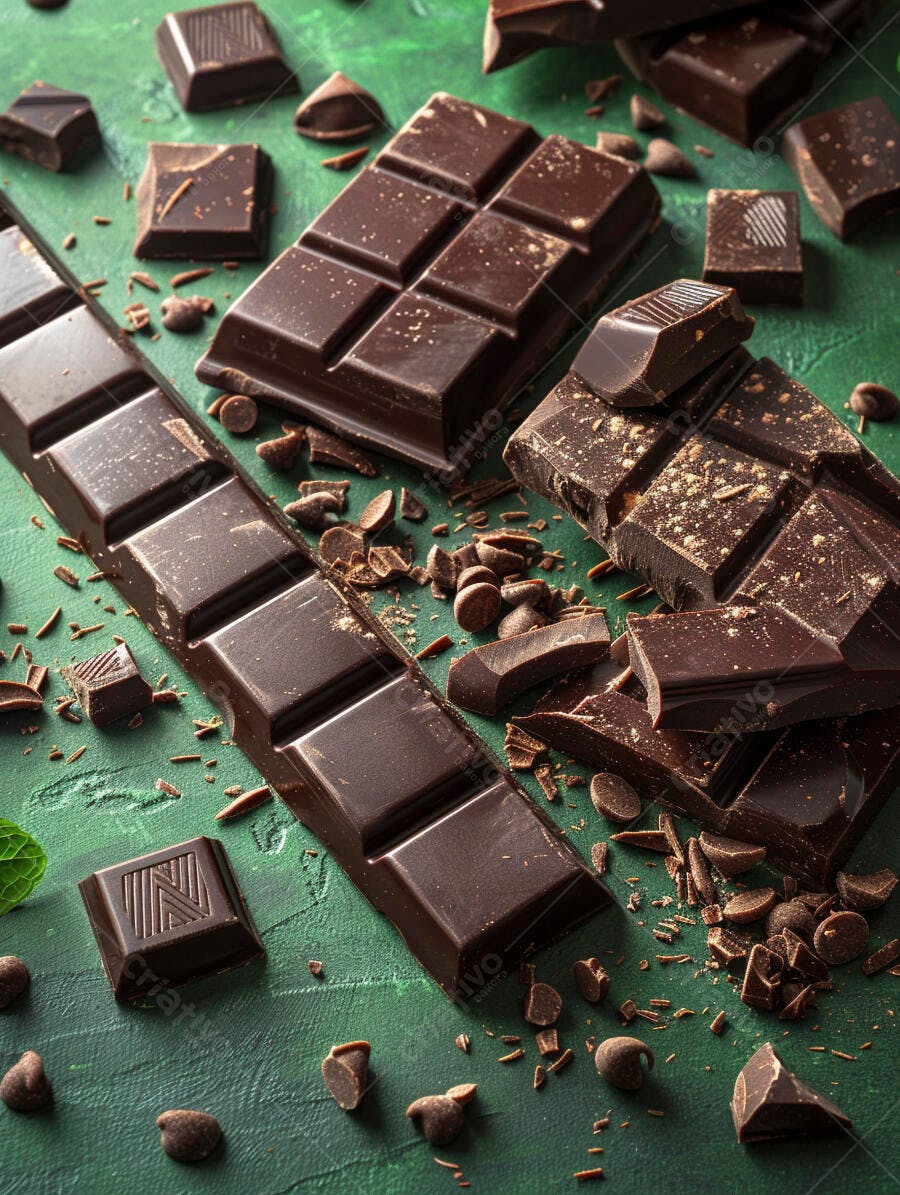 Barras e pedaços de chocolate amargo com raspas sobre fundo verde escuro