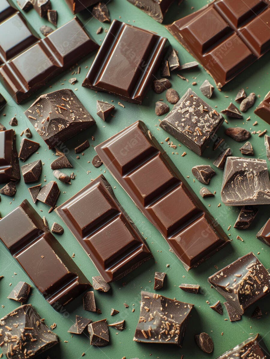 Chocolate meio amargo em barras e pedaços sobre fundo verde escuro
