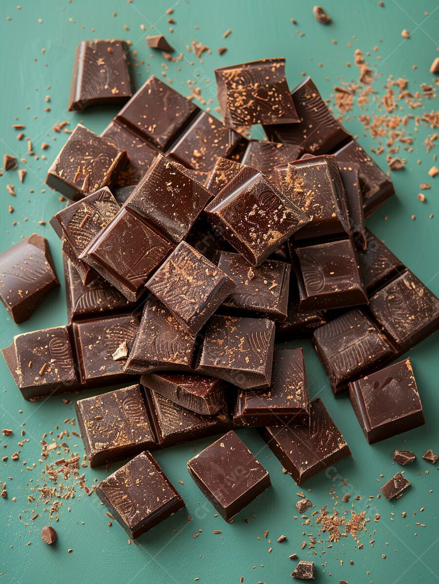 Chocolate amargo em pedaços com lascas douradas sobre fundo verde-água