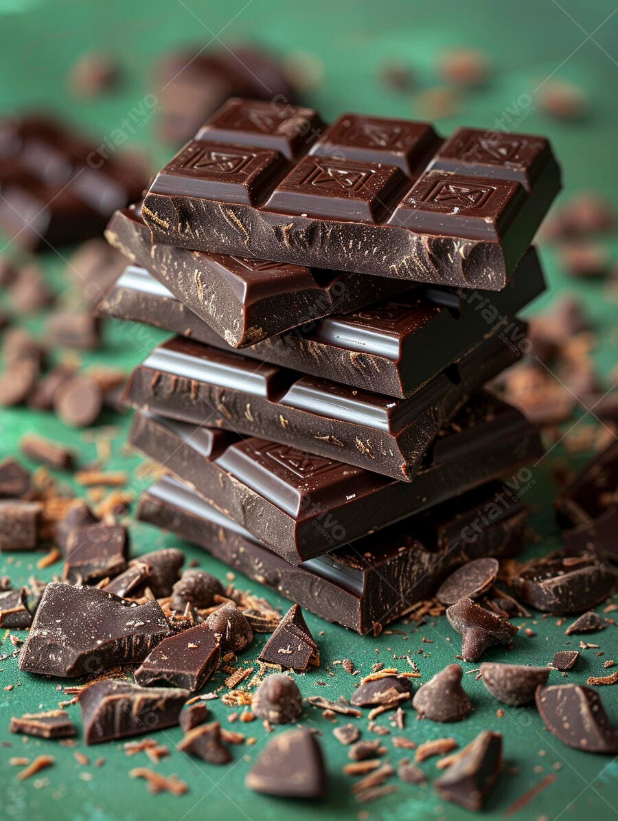 Barras de chocolate amargo empilhadas e pedaços sobre fundo verde escuro