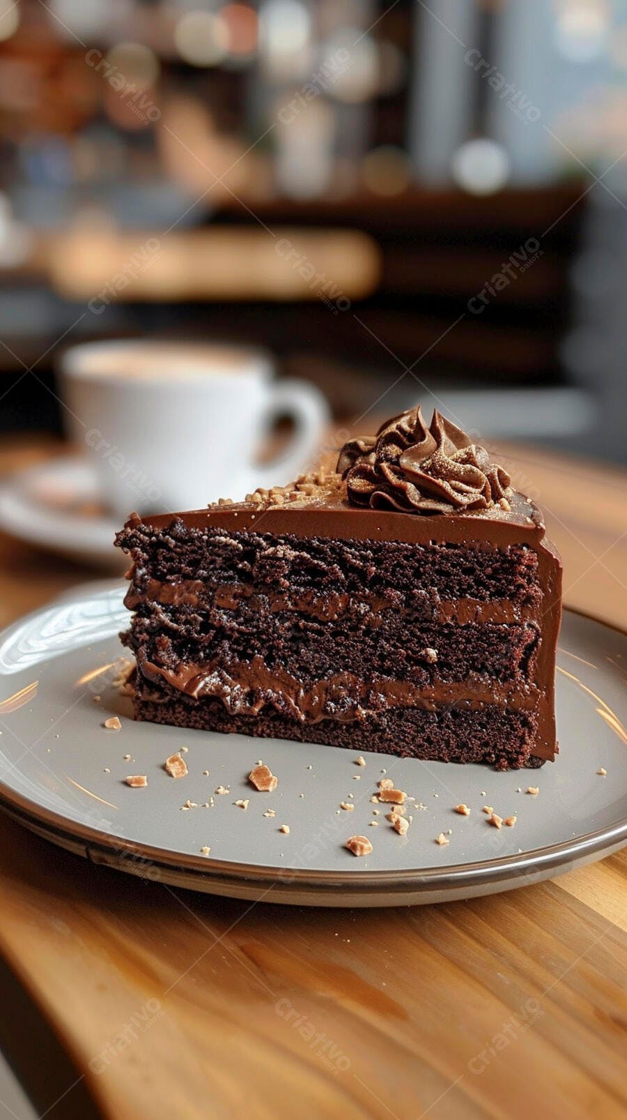 Bolo de chocolate cremoso fatia em prato cinza com café ao fundo