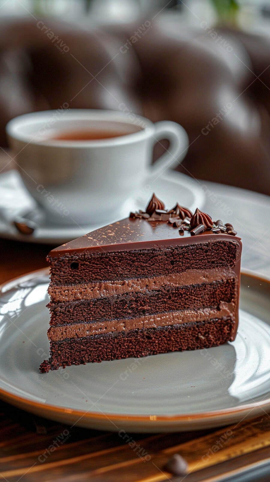 Fatia de bolo de chocolate rico com café e grãos em mesa de madeira marrom