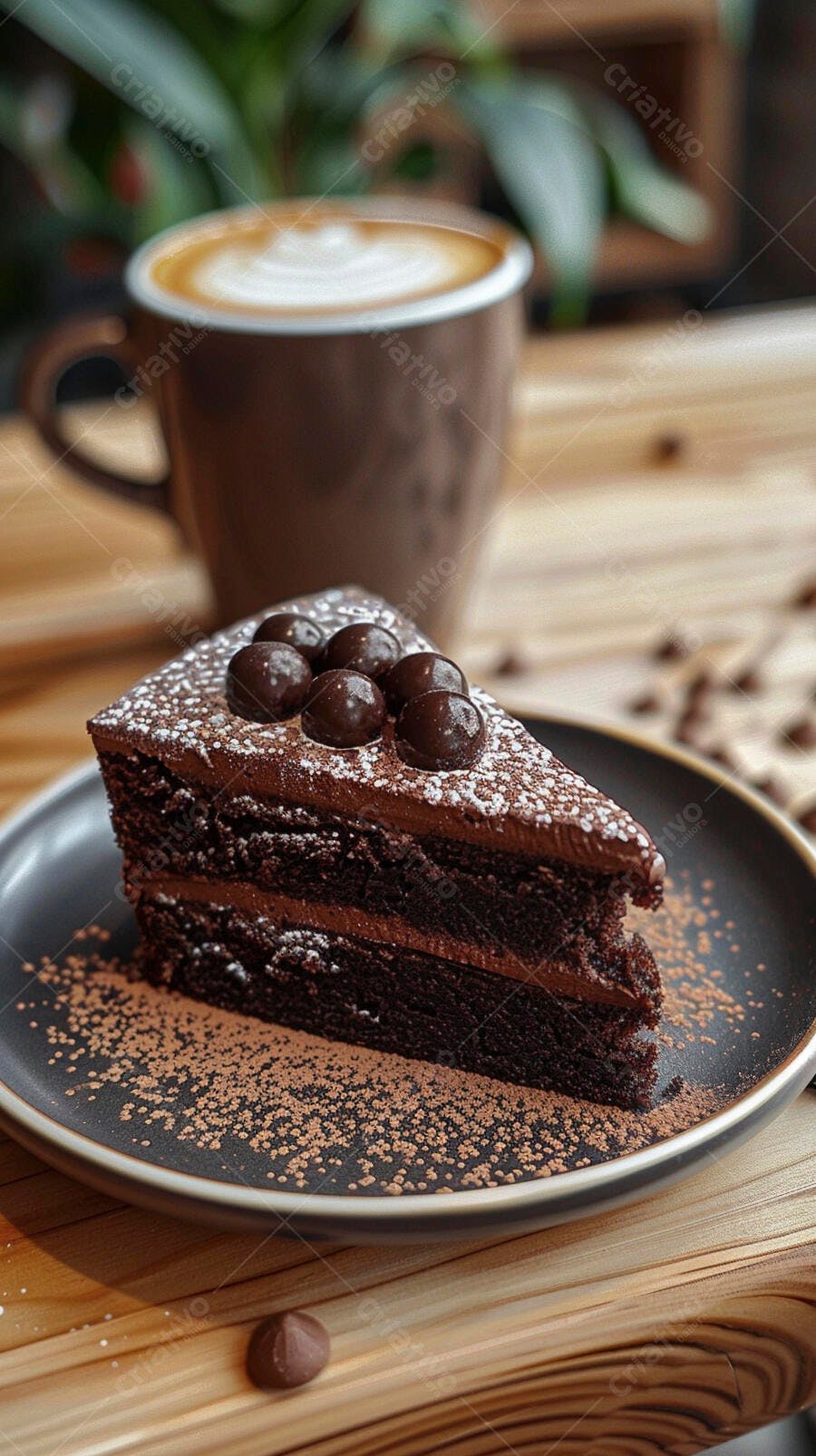 Bolo de chocolate cremoso com café latte em mesa de madeira rústica
