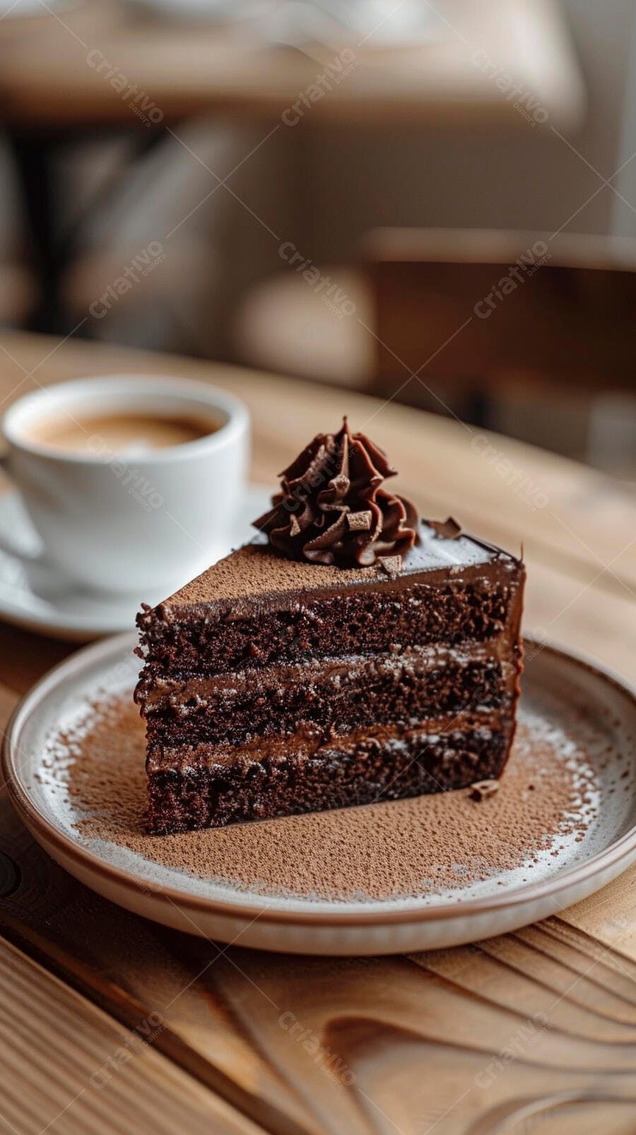 Fatia de bolo de chocolate com camadas e café em mesa de madeira rústica