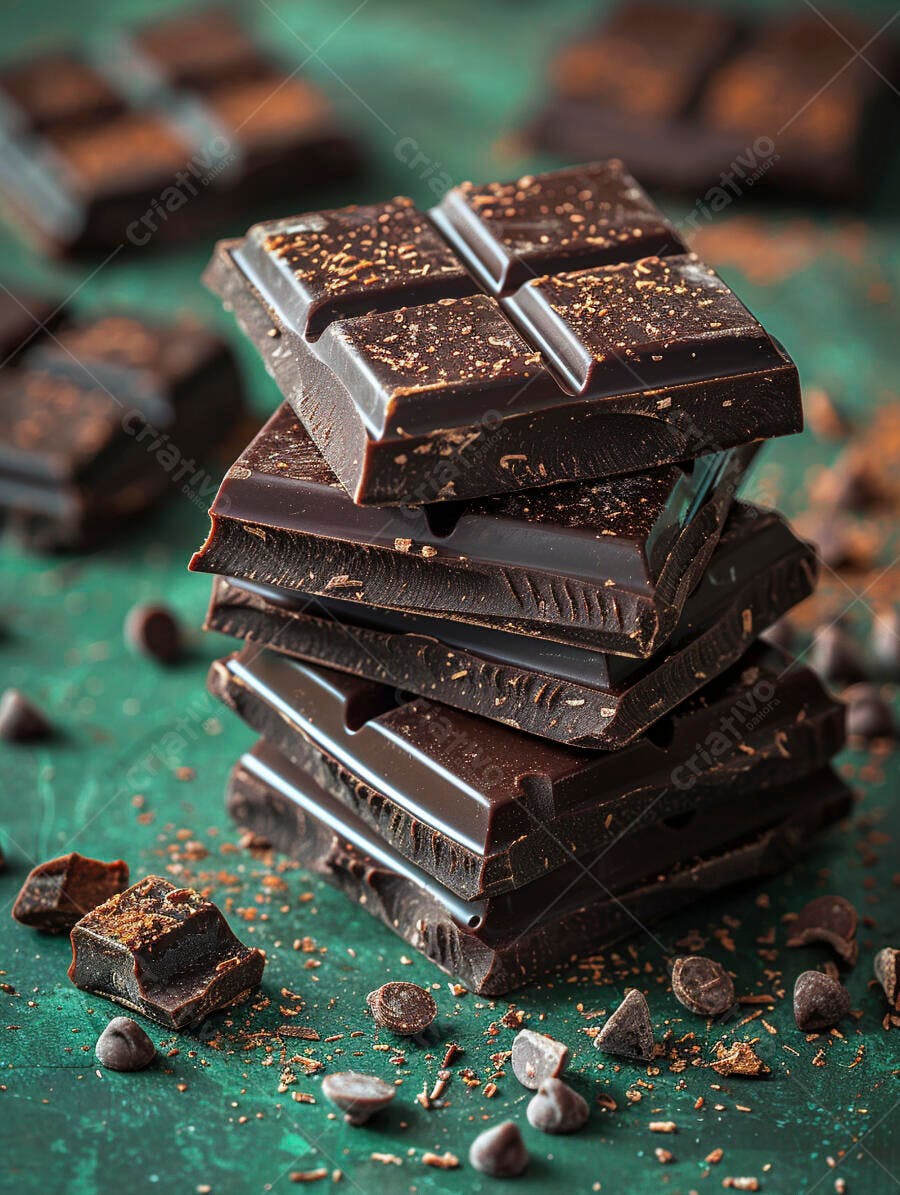Tabletes de chocolate amargo empilhados em fundo verde texturizado