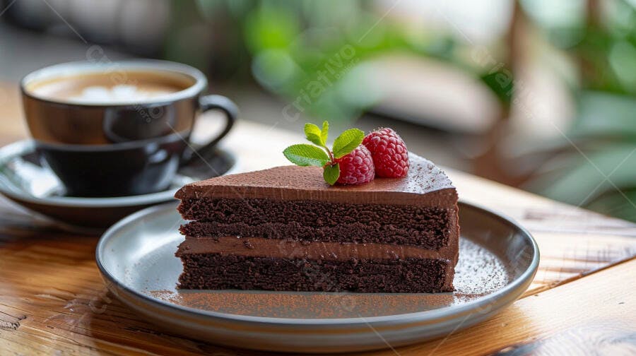 Bolo de chocolate com framboesas e café em mesa de madeira