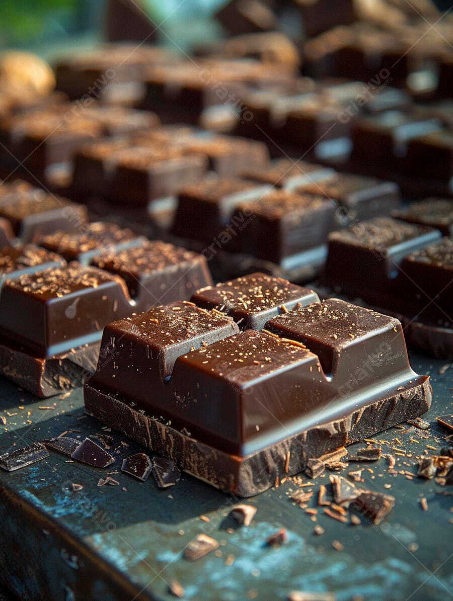 Chocolate amargo em barra com granulado em bandeja escura
