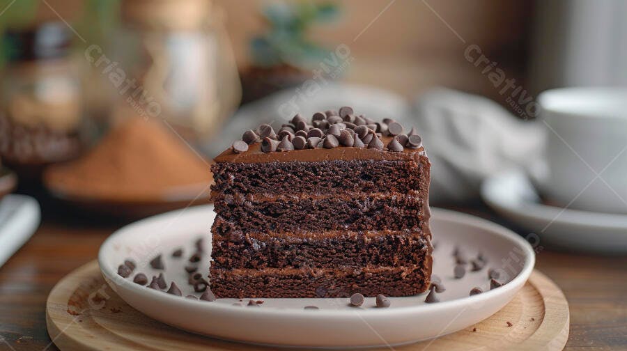 Fatia de bolo de chocolate com granulado em prato branco em mesa de madeira