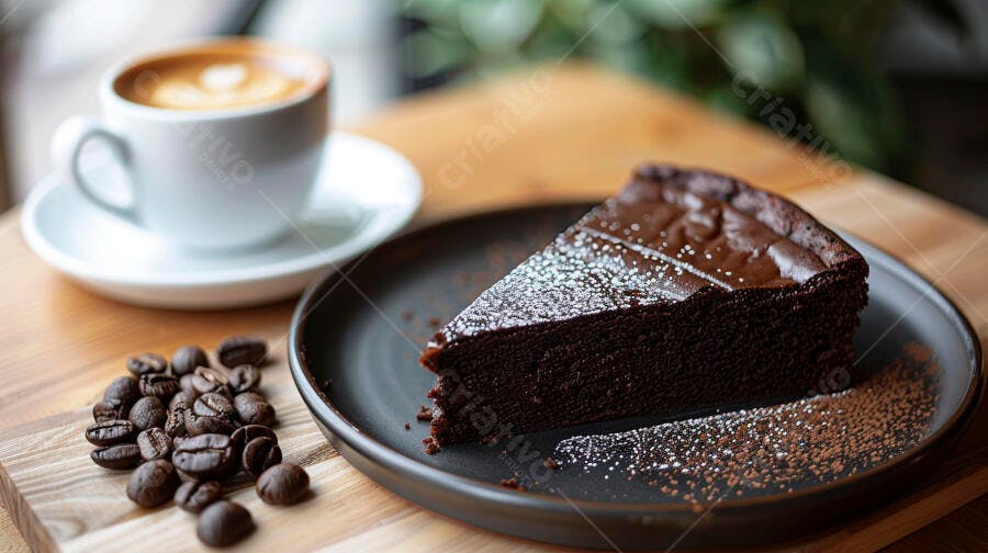 Fatia de bolo de chocolate com café latte e grãos de café na mesa de madeira