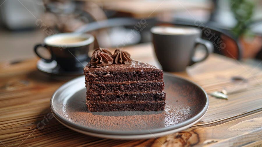 Fatia de bolo de chocolate com cobertura mesa de madeira e café em cafeteria