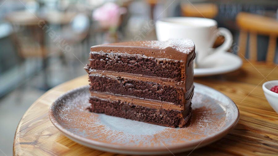 Fatia de bolo de chocolate escuro com café em cafeteria aconchegante
