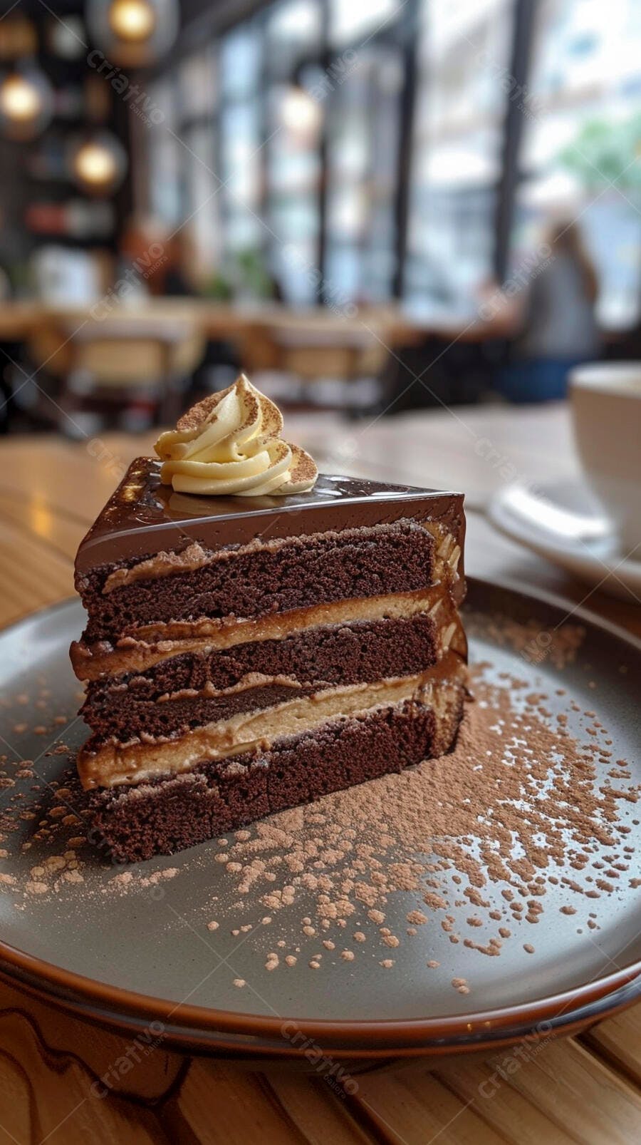 Fatia de bolo de chocolate com recheio de caramelo em cafeteria aconchegante