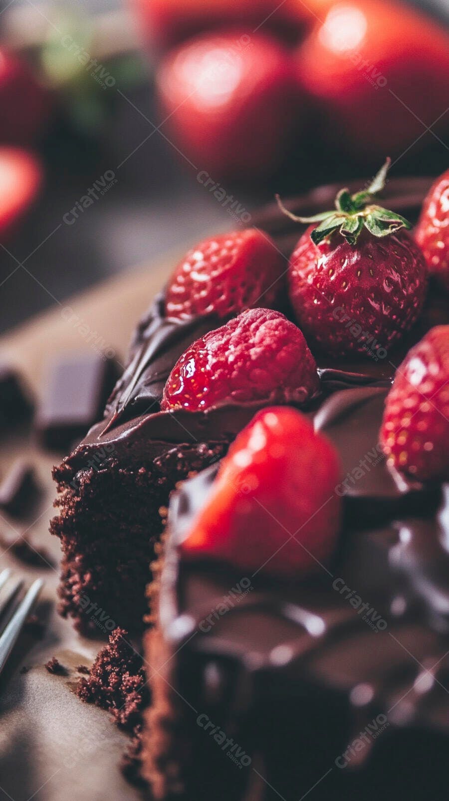 Bolo de chocolate com morangos e framboesa frescos