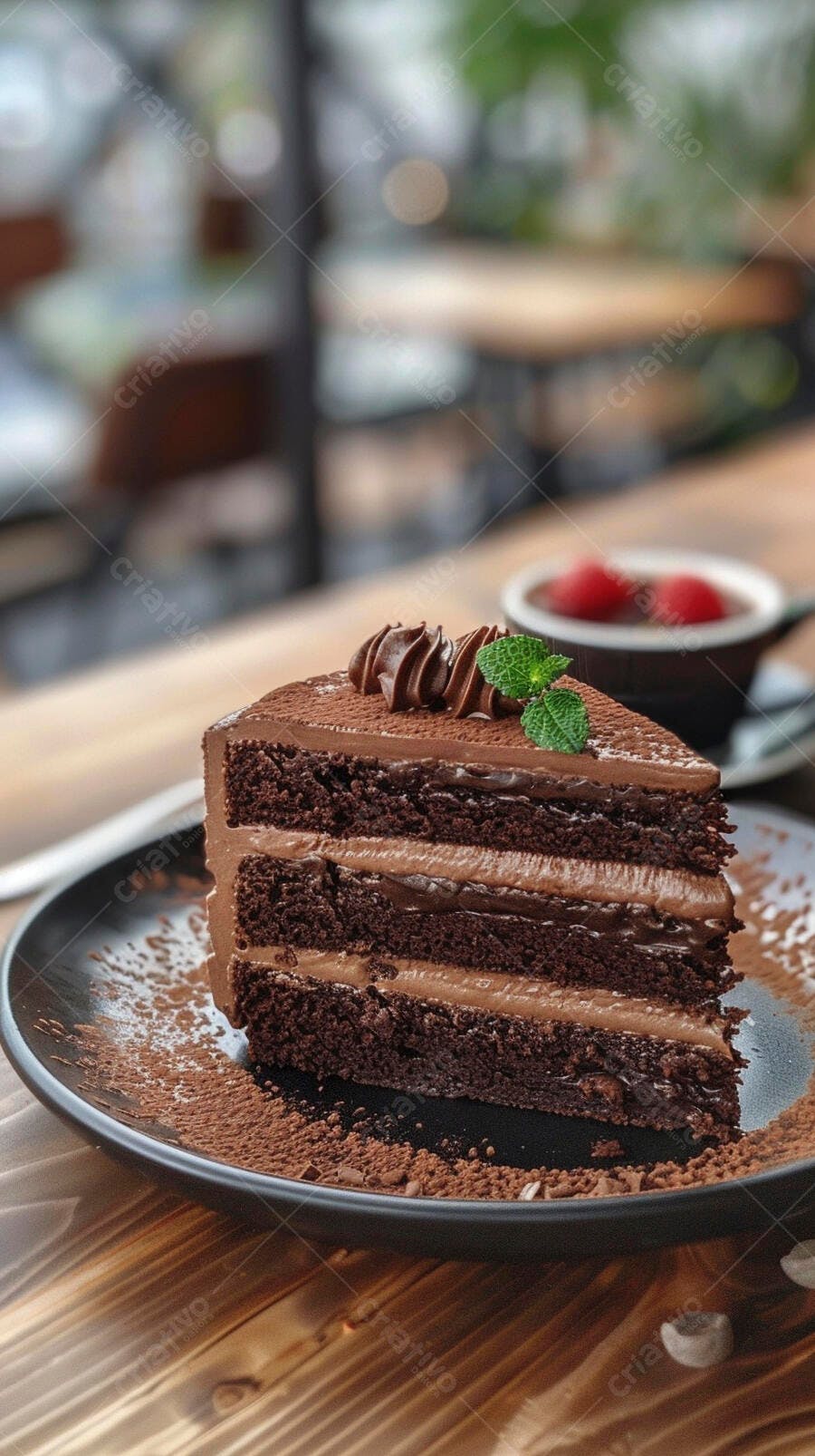 Fatia de bolo de chocolate com menta em um café rústico