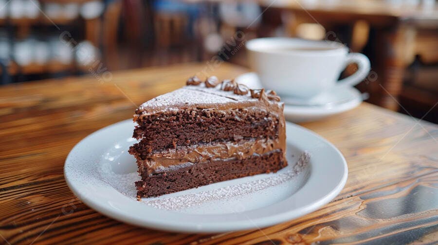 Fatia de bolo de chocolate com calda e café em mesa de madeira rústica