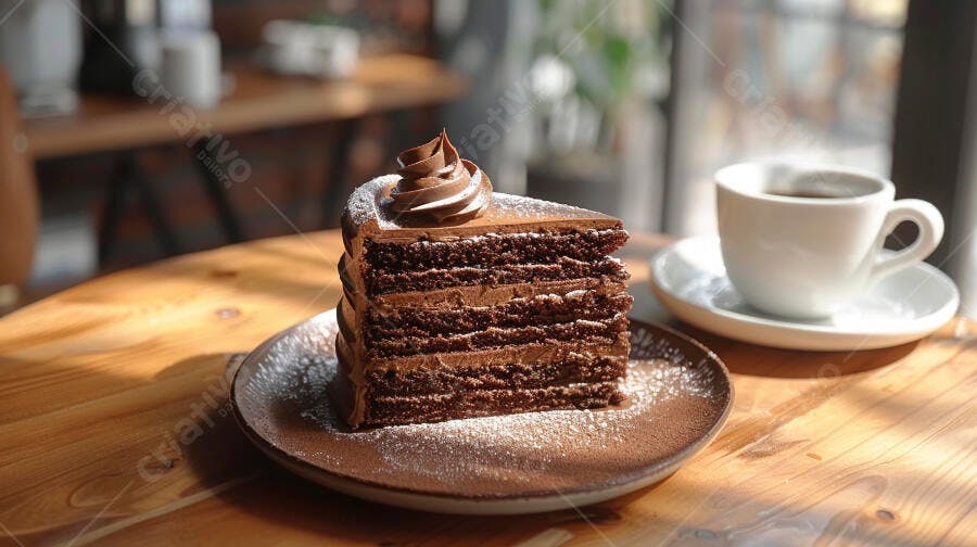 Fatia de bolo de chocolate em camadas com café em cafeteria iluminada