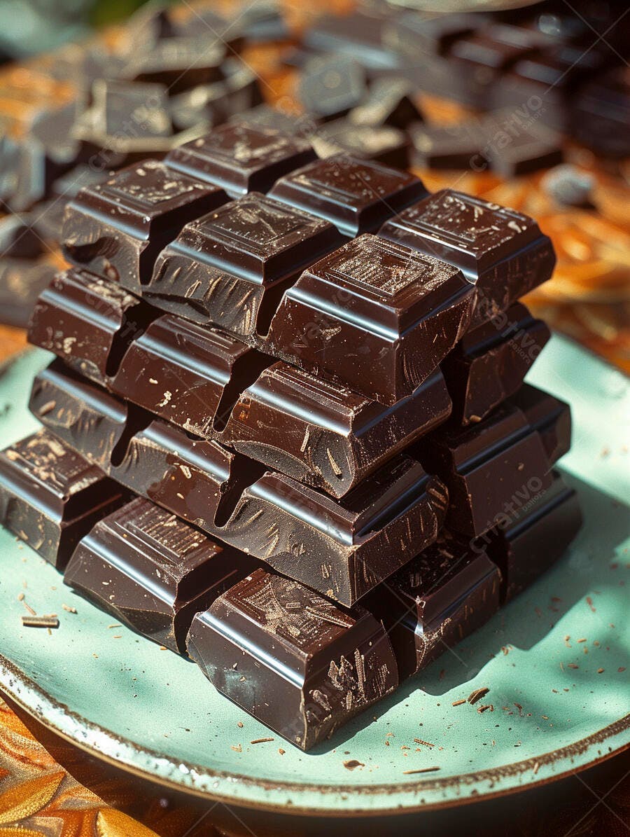 Chocolate amargo em barras empilhadas sobre prato verde claro