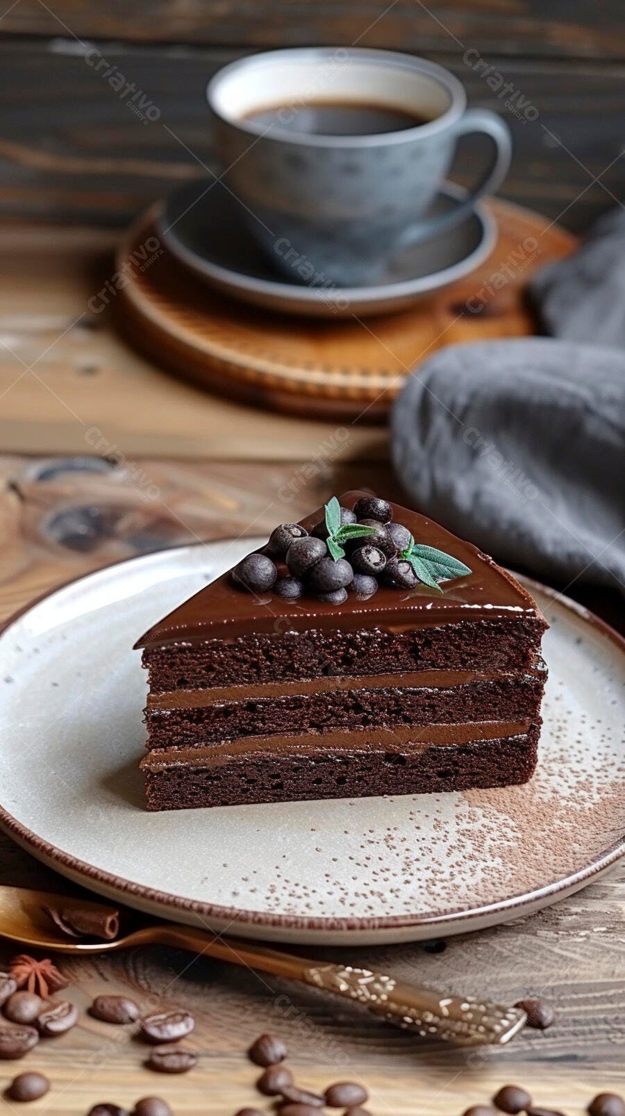 Fatia de bolo de chocolate com mirtilos e café em mesa rústica