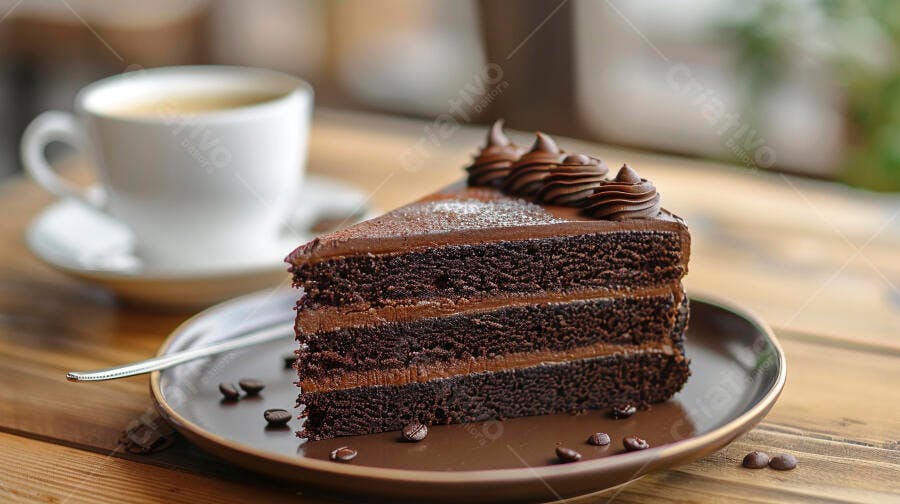 Fatia de bolo de chocolate cremoso com café em mesa de madeira