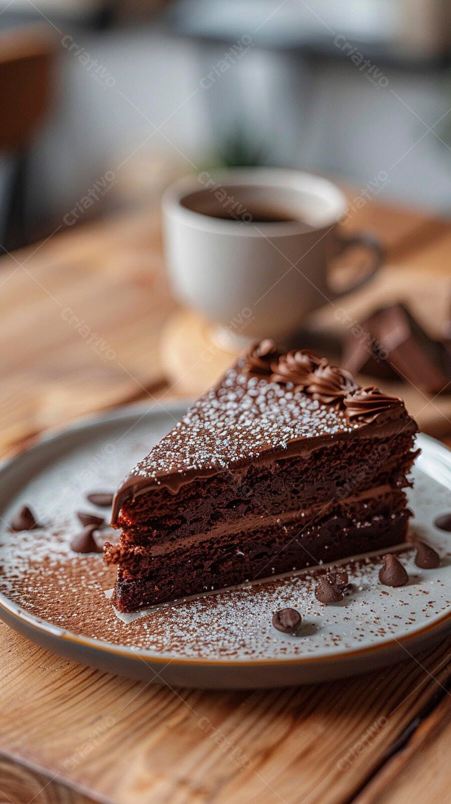 Fatia de bolo de chocolate com açúcar de confeiteiro e calda em mesa de madeira rústica