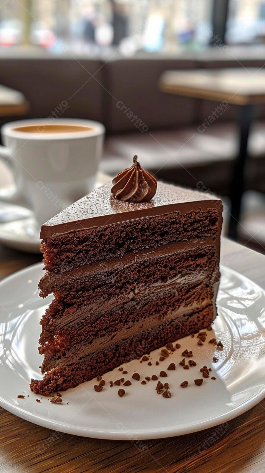 Fatia de bolo de chocolate escuro com camadas e cobertura em cafeteria aconchegante