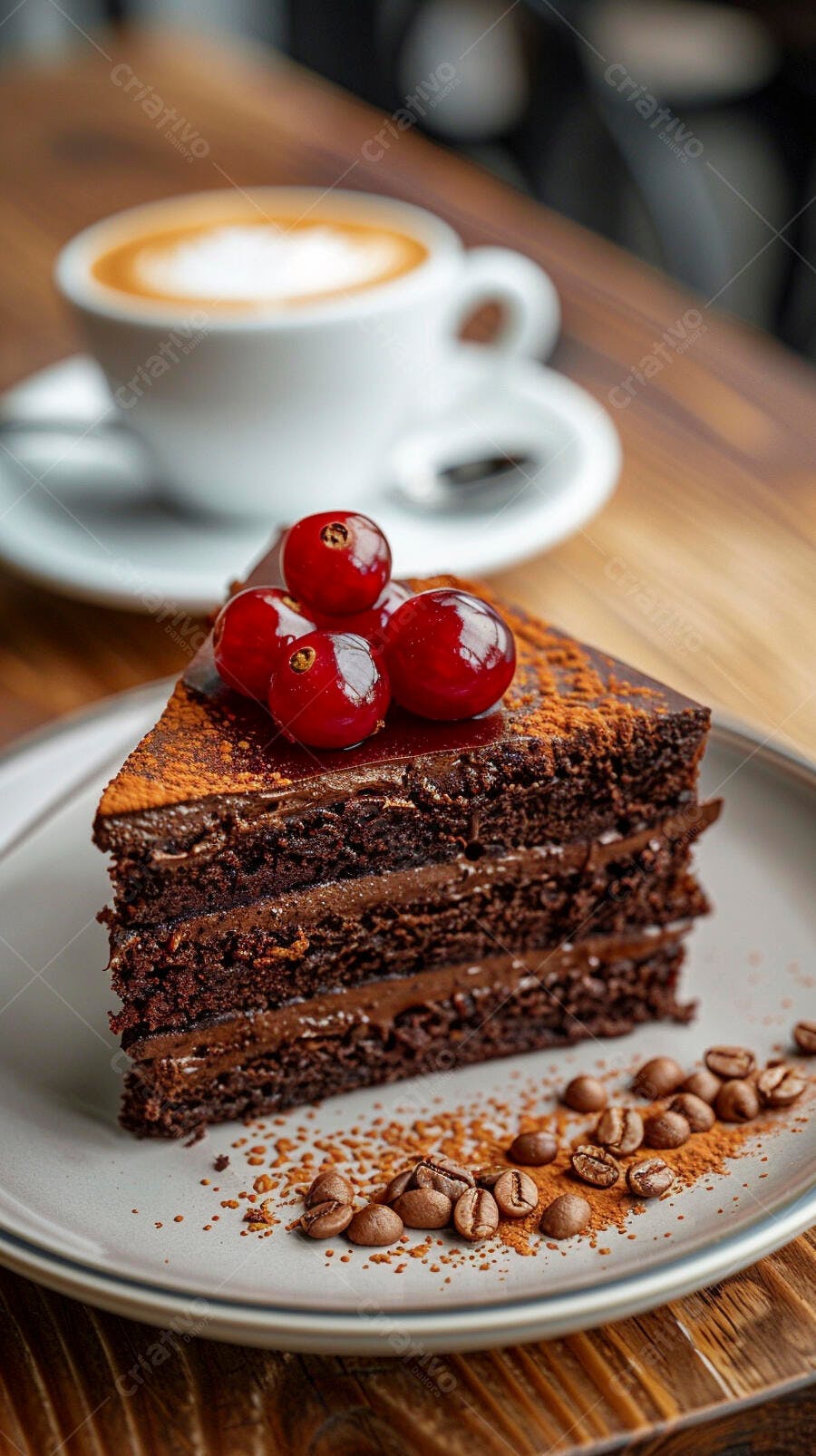 Bolo de chocolate com cerejas e café na mesa de madeira