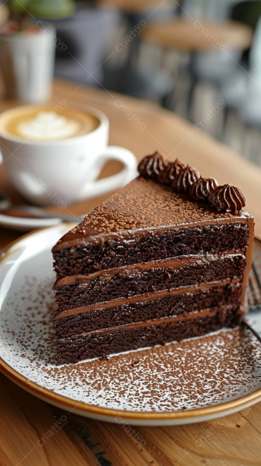 Fatia de bolo de chocolate com calda e café em mesa de madeira sobremesa irresistível
