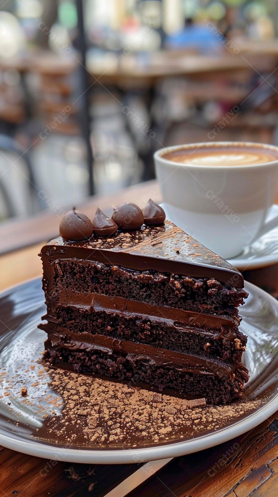 Fatia de bolo de chocolate cremoso com café em mesa de madeira de cafeteria