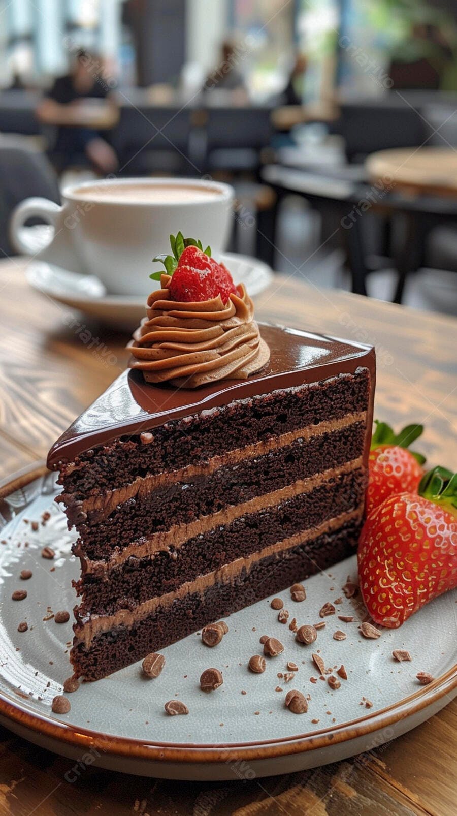 Fatia de bolo de chocolate com morango e café em cafeteria aconchegante